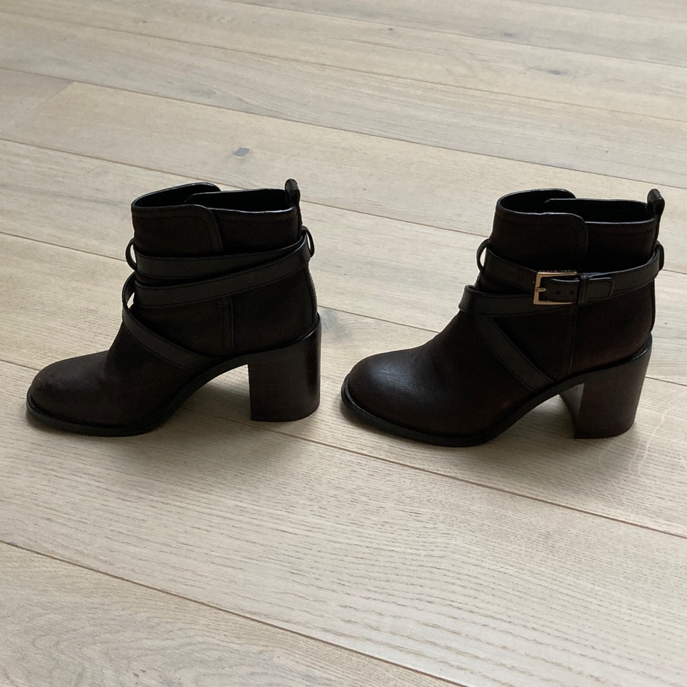 Tory Burch Dark Brown Leather Ankle Boots with Gold Strap Detail
